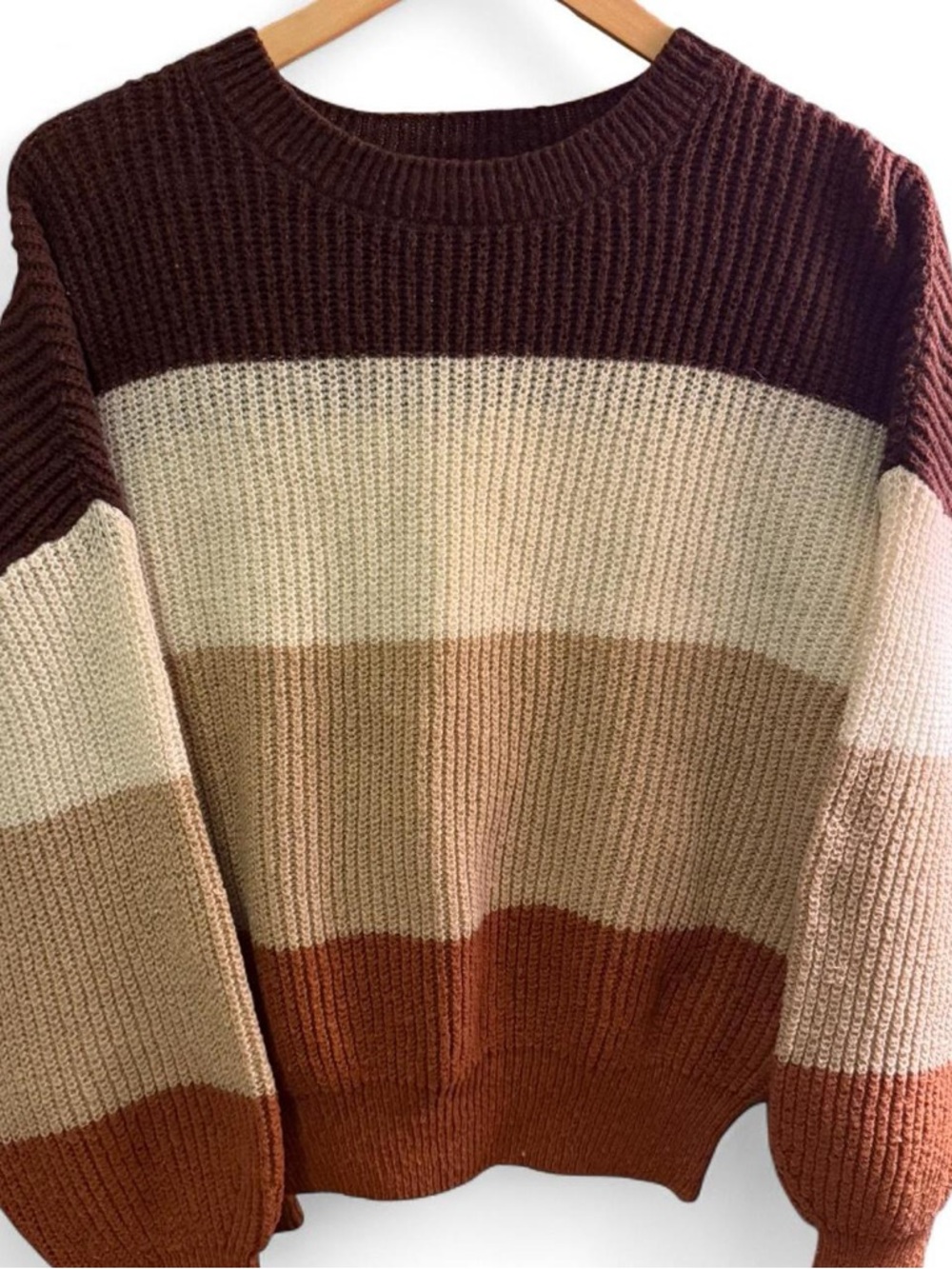 Colorblock Ribbed Crewneck Sweater in Chocolate, Cream & Tan